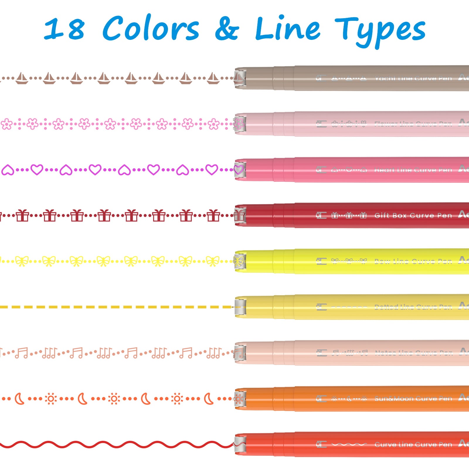 AECHY Colored Drawing Curve Pen Set 18 Colors And 18 different lines
