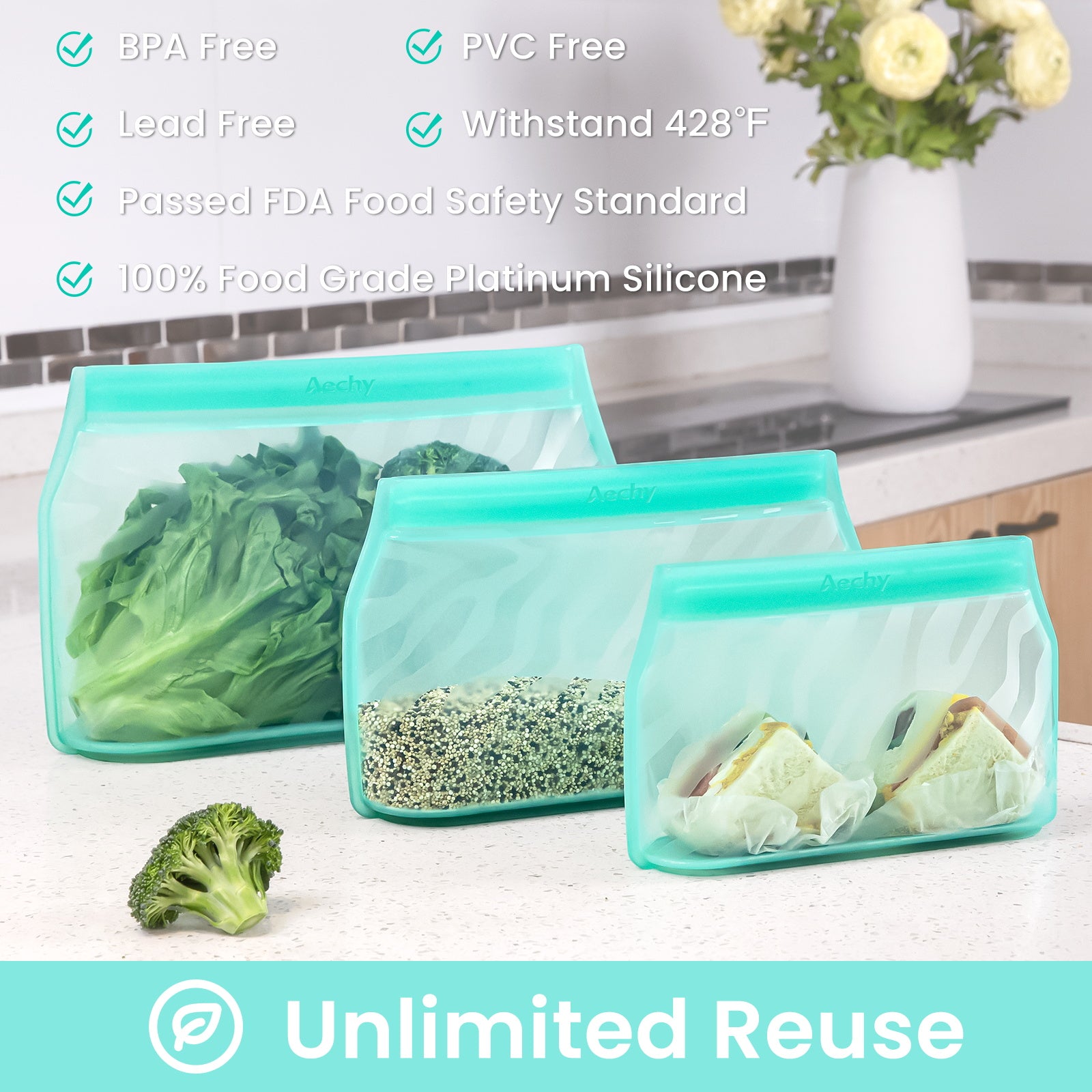Reusable Silicone Food Storage Bag Set of 3 - Large Size 50 oz - Airtight Zip