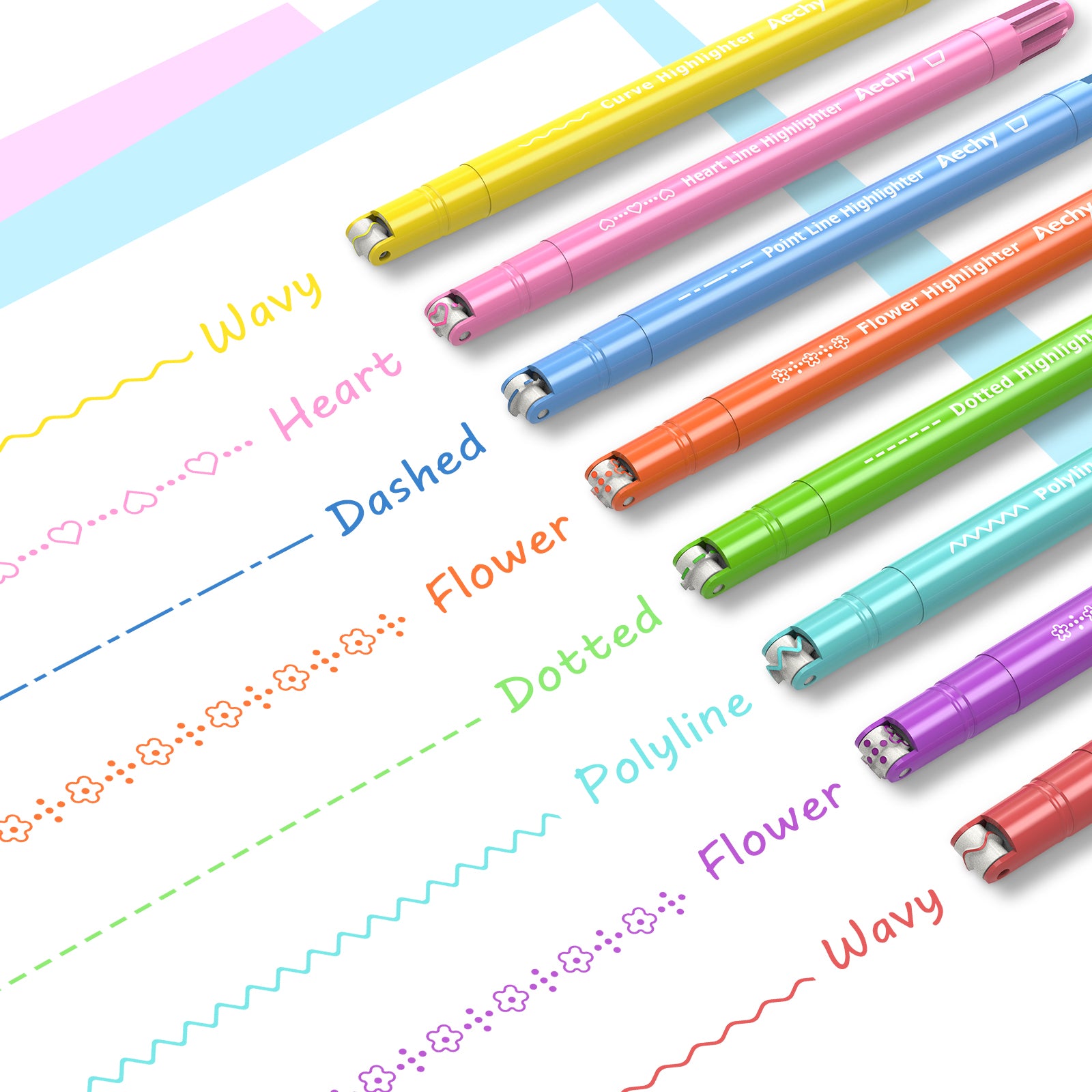 AECHY aechy 8pcs colored curve pens for note taking, dual tip pens with 5  different curve shapes & 8 colors fine lines, curve highl