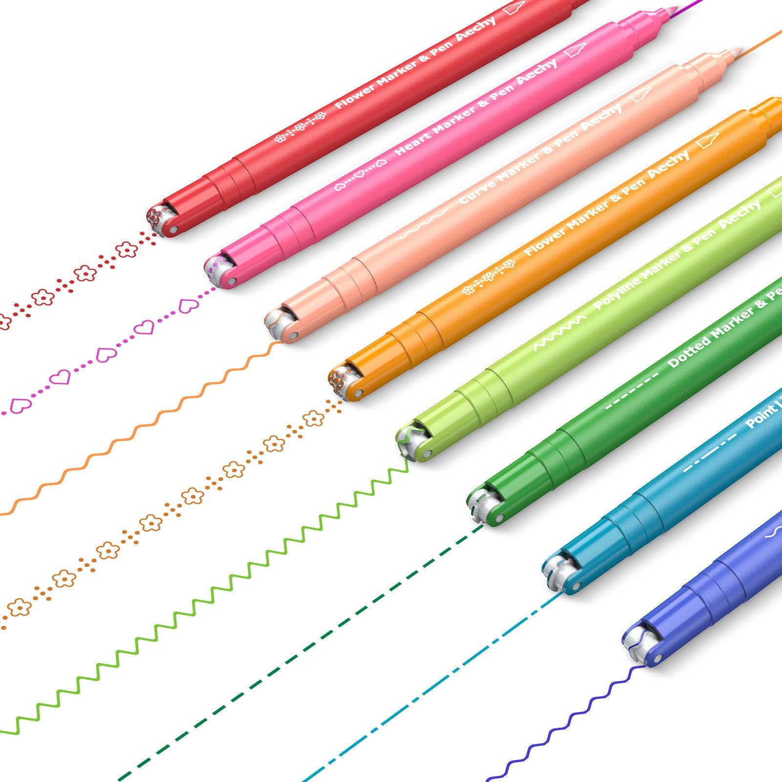 AECHY Dual-Tip Felt Tip Pen 6 Curves and 8 Colors