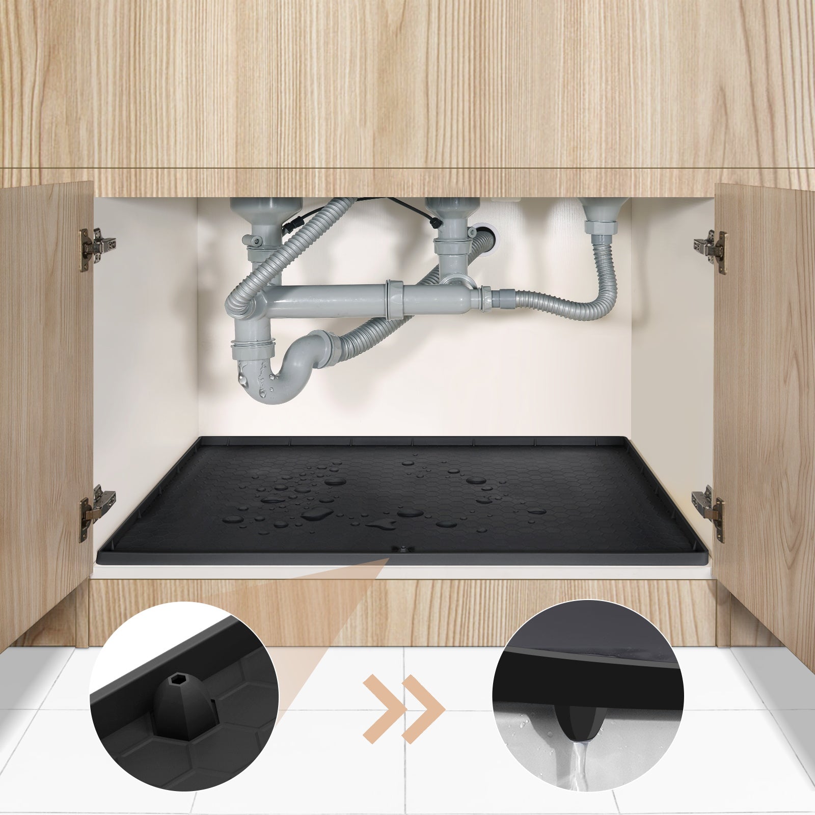 Under Sink Mat, 34 x 22 Sink Cabinet Protector, Waterproof & Flexible  Silicone Under Sink Liner Drip Tray with Unique Drain Hole for Kitchen