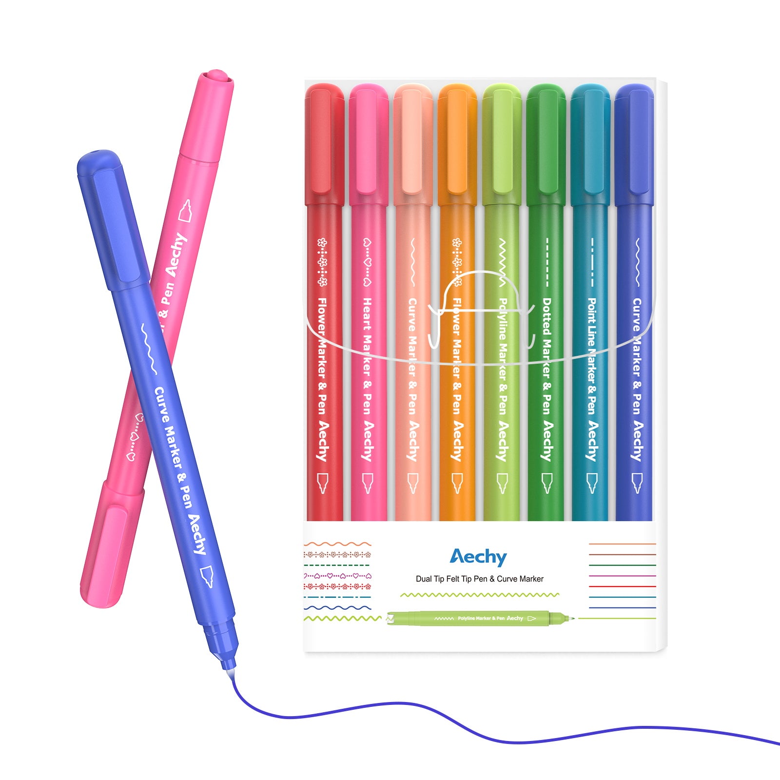  AECHY Colored Felt Tip Curve Pens for Note Taking, Dual Tip  Pens with 5 Different Curve Shapes & 8 Colors Fine Lines, Curve Flair Pen  Set for Kids Journaling Scrapbook