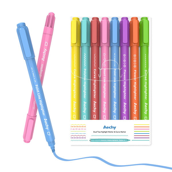  AECHY 8PCS Curve Highlighter Pen Set, Dual Tip Marker Pens  with 6 Different Curve Shapes & 8 Colors Mark Lines, Aesthetic Curve Marker  Highlighter for Journal Planner School Supplies : Office Products